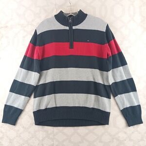 Tommy Hilfiger Striped 1/4 Zip Pullover Sweater Gray Black Red Women's L (16-18)